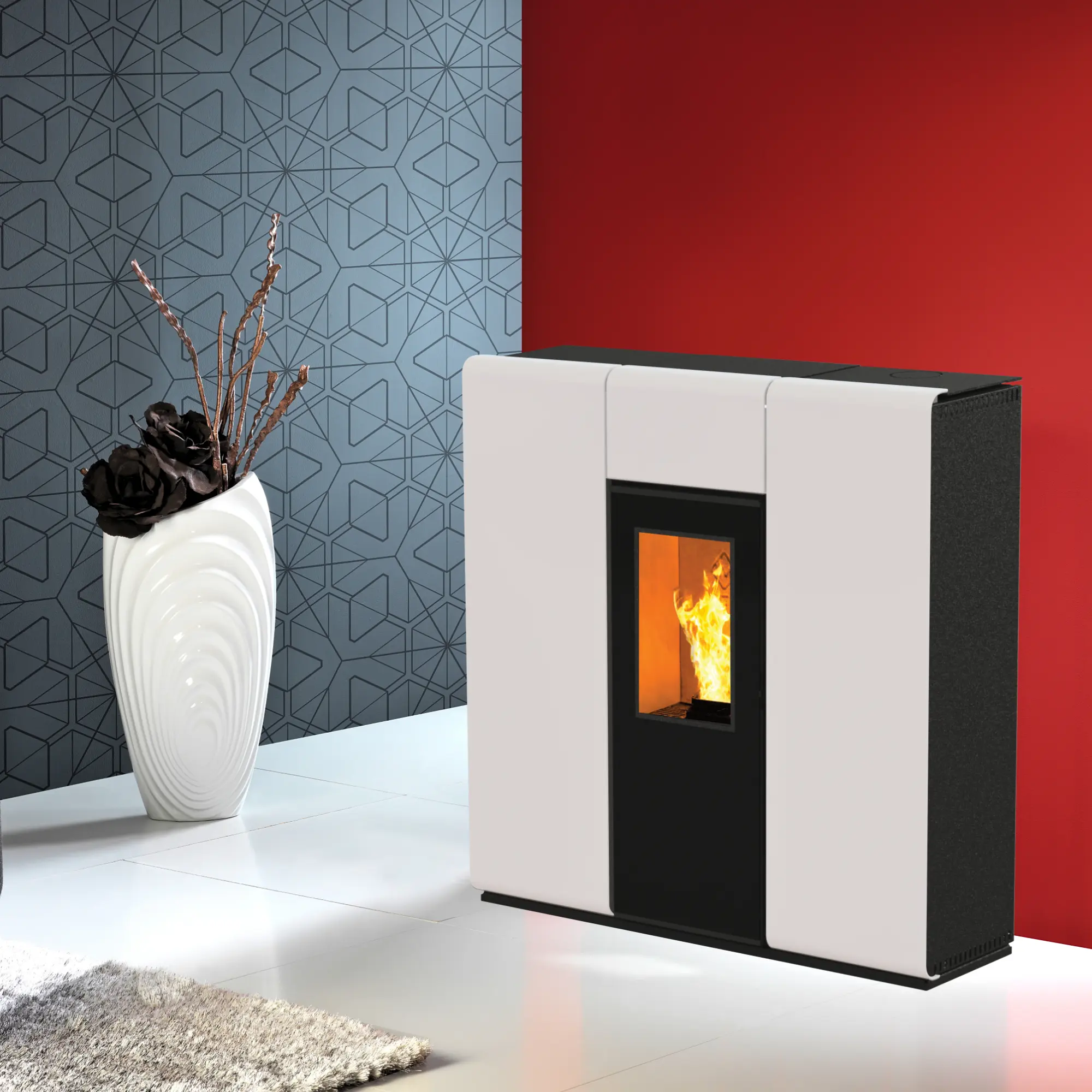 Salamandra a pellets TEK Biomasse hidro SLIM AQUA 20kW A+ branca