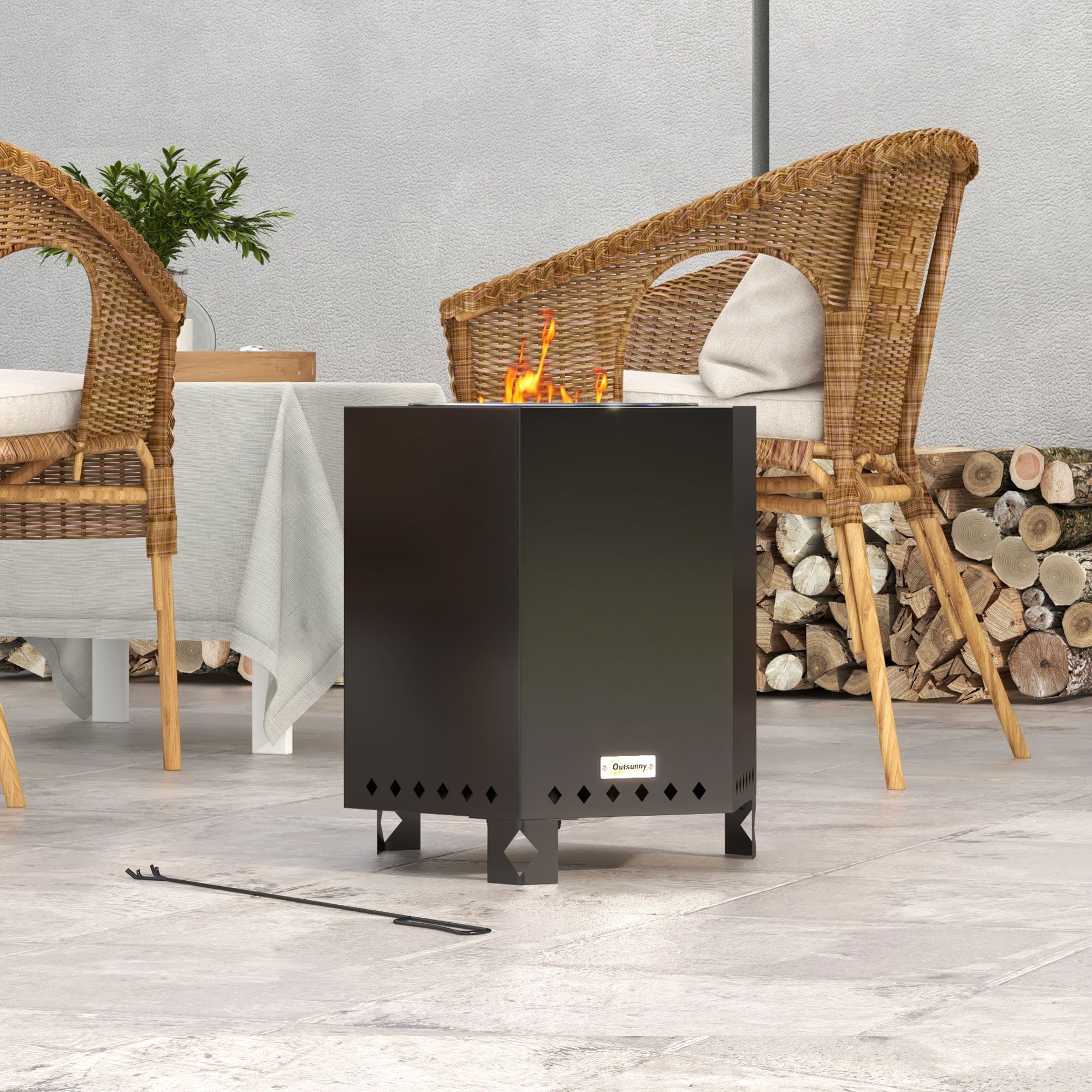 Braseiro de mesa sem fumo em metal preto com atiçador, sistema de combustão secundária, ideal para jardim e terraço